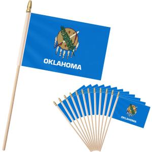 Oklahoma Handheld Flag 4x6 Inch 12 Pack American State Of Oklahoma OK Small Flag On Wood Stick Pole with Spearhead Bright Colors Polyester Indoor Outdoor
