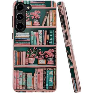 Case for Samsung Galaxy S23 Plus,Floral Bookshelf Retro Pink Phone Case Drop Resistant Glossy 2 in 1 Solid Dual-Layer Cover for Girl Women