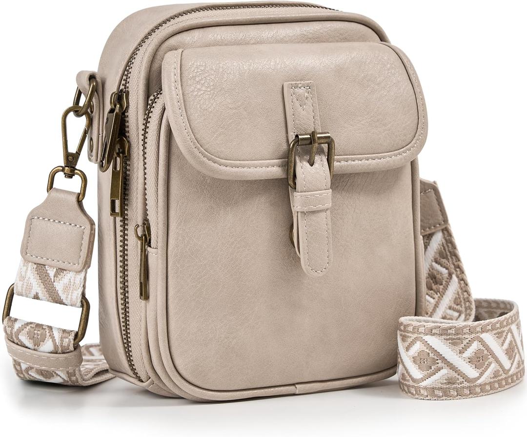 Small Messenger Bag Vegan Leather Crossbody Bag for Women Men, Vintage Cross Body Shoulder Purse with Card Slots (Wide Strap-beige Gray)