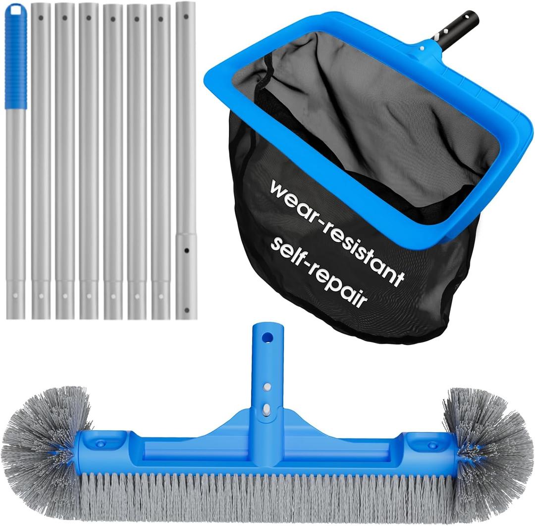 Pool Cleaning Kit Full Set - 17.5'' Self-Repair Pool Nylon Net Fine Mesh & 17.5'' Detachable Rounded End Pool Brush & 10 Ft Pool Pole, for Above Ground In-ground Pools, Spas, Hot Tubs