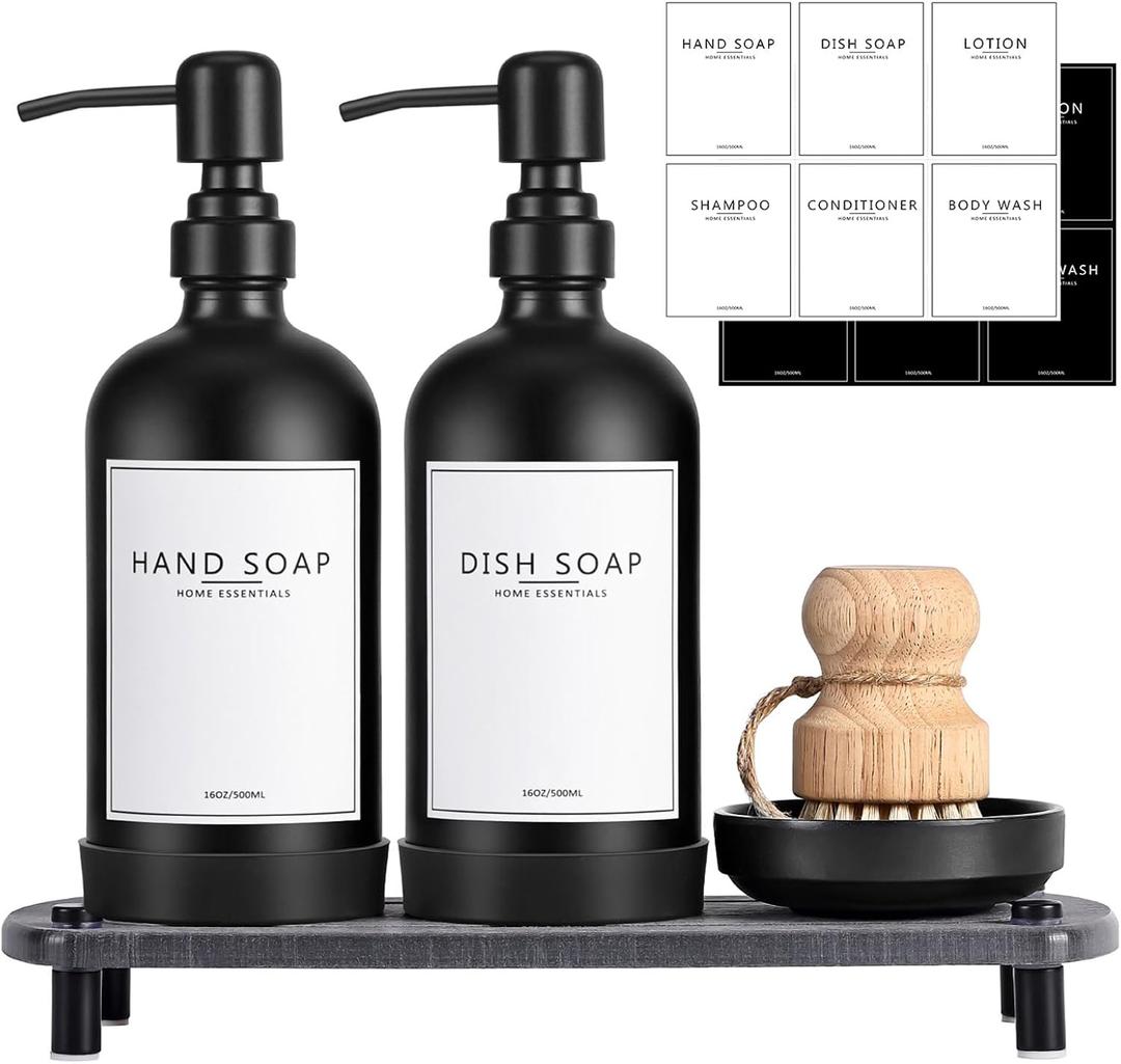 Kitchen Soap Dispenser Set with Instant Dry Tray,16 Oz Hand and Dish Soap Black Glass Dispenser Set,Stainless Steel Pump,Waterproof Labels&Dish Brush,Luxury Soap Bottle for Kitchen,Bathroom,  Black Bottle+black Pump