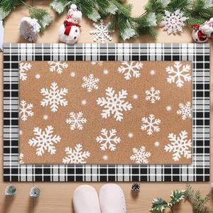 Drydiet 2 Pcs Winter Snowflake Double Layer Doormats, Non Slip Christmas Holiday Entry Rugs, 36'' x 24'' Fabric Welcome Mat 29'' x 17'' Coir Doormat for Front Porch Indoor Outdoor Decor