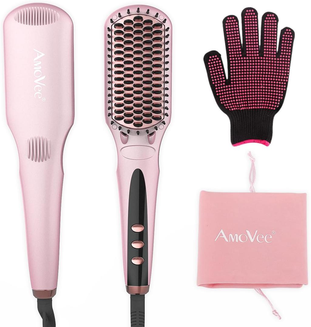 Hair Straightener Brush Straightening Brush Ceramic 2-in-1 Ionic Straightening Brush with Anti-Scald Feature,MCH 20s Fast Heating up, 170-450,LCD Display, Dual Voltage