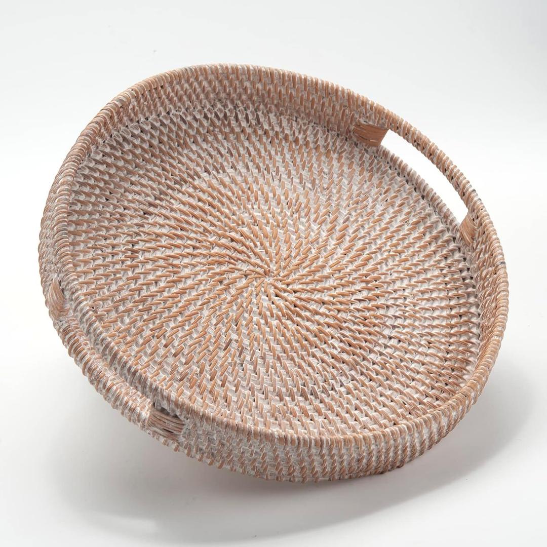 Round Rattan Serving Tray Decorative Woven Ottoman Trays with Handles for Coffee Table White (Small 11.8 inch x 2 inch)