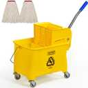 Matthew Cleaning 22 Quart Compact Mop INCL.2 Pack Mop Head with Side Press Wringer On Wheels,Tandem Portable Floor Cleaning Wavebrake,Ideal for Household,Industrial,Restaurant,Janitorial Use (Yellow)