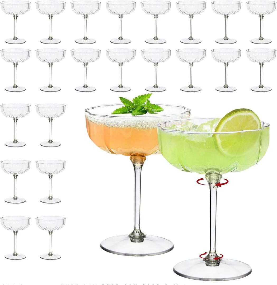 CALBODE 24Pcs Plastic Martini Glasses Disposable 7oz Plasitc Coupe Glasses Petal Shape Detachable Cocktail Glassware Set Unbreakable dessert Cups for Engagement Wedding Birthday Spring Party (Clear)