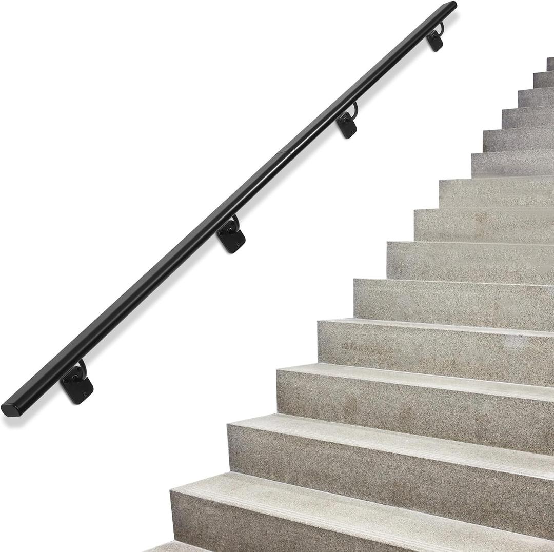 Industrial Stair Handrail Wall-Mounted Hand Rails for Indoor Stairs Black Pipe Stair Railing Indoor Metal Hand Rail for Indoor & Outdoor Steps Aluminum Staircase Handrail for Stairs 9ft