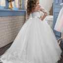 Abaowedding Lace Embroidery Sheer Long Sleeves Kids Trailing Gowns (White)