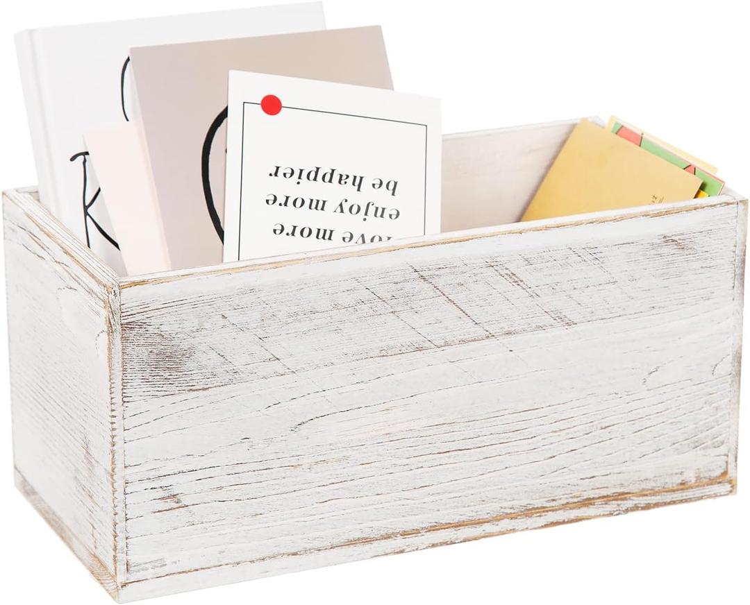 Rustic White Washed Wood Mail Box Storage Holder File Organizer Tabletop Wooden Basket Letter Script Design Envelope Folder Decorative Container Desk Home Office Entryway Bedroom Living Room