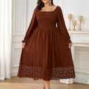 2 x SHESTARR Women's Plus Size Maxi Dress Long Sleeve Square Neck Smocked Flowy A-Line Lace Trim Wedding Guest Dresses (XXL)