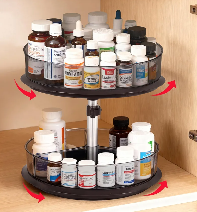 2 Tier Medicine Cabinet Organizer, Rotary Turntable Organizer for Medicine and Vitamin Bottles, Under Sink Organizer for Medicine, Bathroom Cabinet Storage, Tray has Removable Dividers, Easy Assembly
