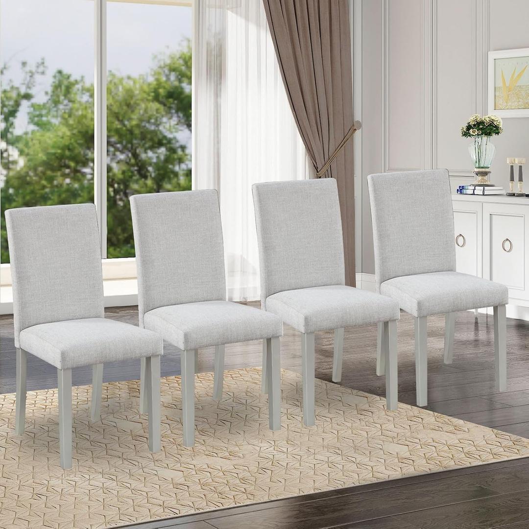 Ball & Cast Upholstered Dining-Room Chairs Set of 4, Kitchen Island Chair with Linen Padded Seat & Silver Wood Legs, 4pcs Modern Armless Side-Chair for Dining, Gray, 16.5"x21.5"x35"H