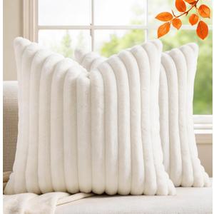 Set of 2 Decorative Throw Pillow Covers 20x20 Faux Fur, Soft Plush Striped Square Couch Cushion Cases with Velvet Back for Sofa Bed Living Room Modern Farmhouse Boho Euro, Cream White