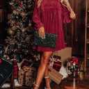 Chvity Women Velvet Backless Mini Dress Sqaure Neck Long Sleeve Casual Loose Holiday Party Winter Babydoll Velour Dressess (Large, Red)