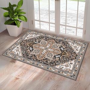 Washable Entryway Rug 2x3 | Non Slip Rug Runners for Hallways, Entryways, Kitchens, Bathrooms, Bedrooms | Ultra-Soft Flannel Carpet Kitchen Rug with Rubber Backing (Black Brown Cream, 2x3)