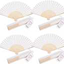 50pcs Fabric Hand Fan Fabric Bamboo Handheld Folded Fan with Organza Bags and Thank you Tags Wedding Party Favors (White)