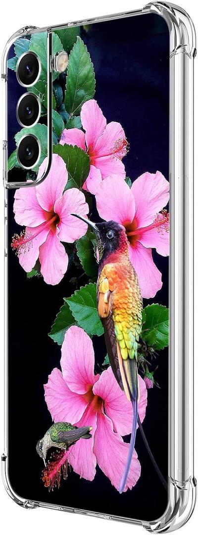 Galaxy S22 Case, Hummingbirds Pink Flowers Drop Protection Shockproof Case TPU Full Body Protective Scratch-Resistant Cover for Samsung Galaxy S22