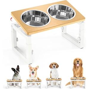 Dog Bowls Elevated, 4 Height & Angle Adjustable Raised Dog Bowl Stand, Elevated Dogs Bowl Stand For Medium Sized Pet, Sturdy Bamboo Dogs Feeding Station With 2x 48oz(6cup) Stainless Steel Dishes,White