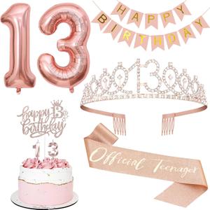 13th Birthday Decorations Set, Including 13th Tiara and Sash, Happy Birthday Banner, Cake Toppers, Number Candles and Balloons Set, Rose Gold