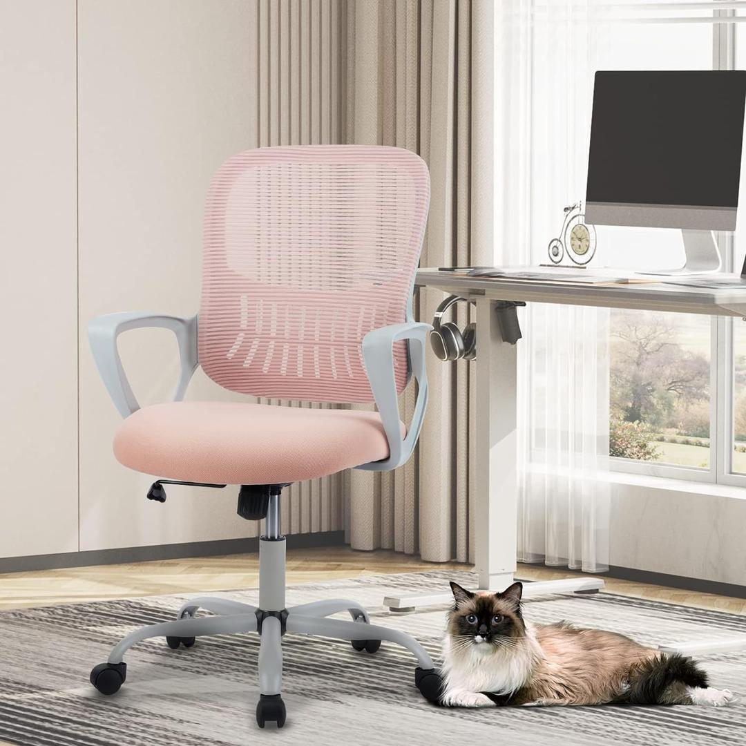 Office Chair, Computer Gaming Chair with Arms, Ergonomic Home Office Desk Chairs with Wheels, Mid-Back Task Rolling Chair with Lumbar Support, Comfy Mesh Swivel Executive Chair (Pink)