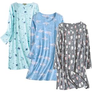 Inadays 3 Pack Women's Cotton Nightgown Sleepwear Long Sleeves Nightshirt Fun Print Sleepdress Loose Comfy Sleepshirts (XX-Large, Star+cloud+gray Penguin)