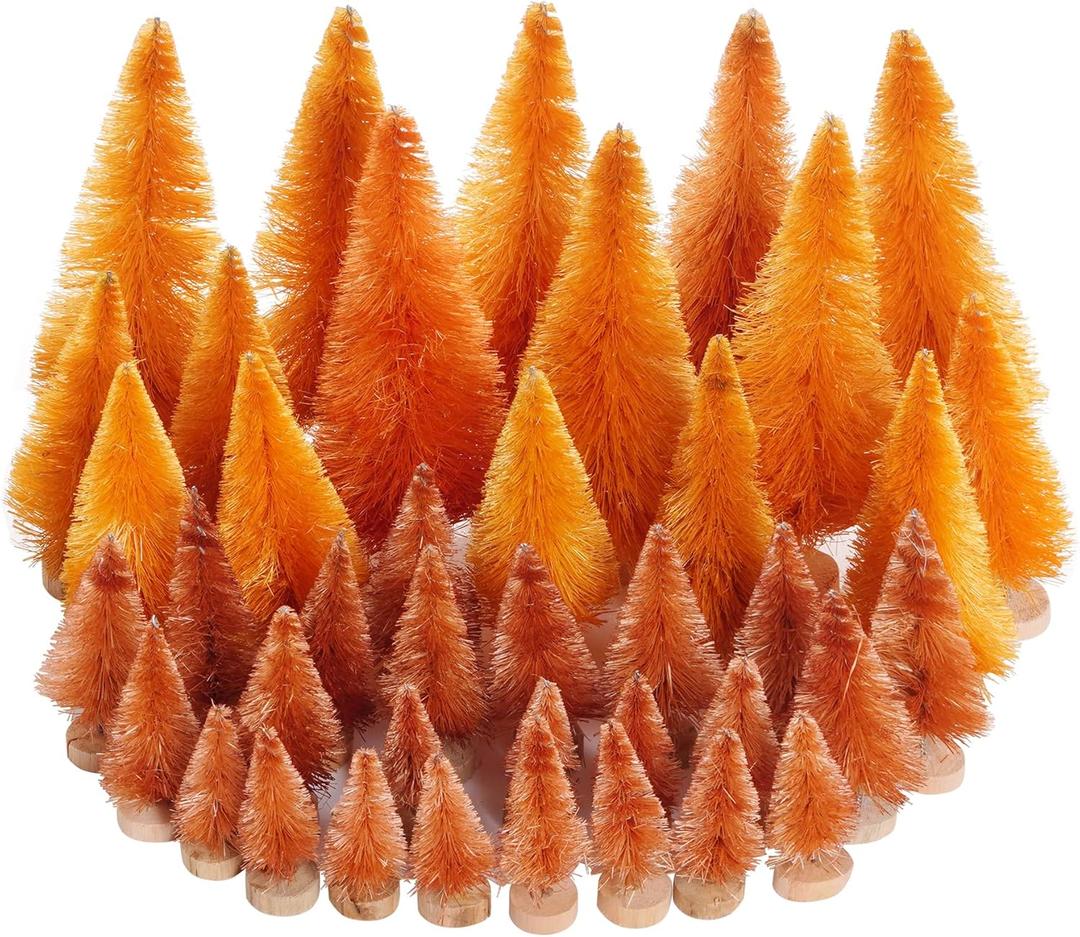 Yookat 40Pcs Mini Christmas Trees Artificial Mini Pine Trees with Wood Base Sisal Trees Bottle Brush Trees Assorted Color for Christmas Decoration Winter Ornaments (Orange)