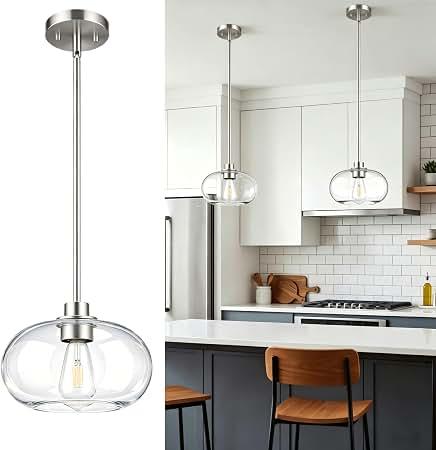 Osimir Brushed Nickel Pendant Lights Kitchen Island 2 Pack, 8" Large Globe Glass Hanging Light Fixtures, Modern Kitchen Pendant Lighting Over Island for Sink Bathroom, OS-JJ528-2PBN