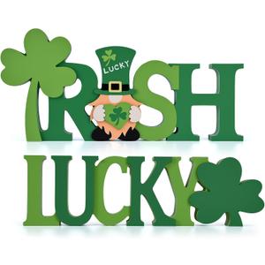 St Patrick's Day Table Decorations 2 Pcs Wooden Shamrock Gnome Lucky Sign Centerpieces for Table Tiered Tray Decor, Green Irish Leprechaun Themed Decor for Saint Patty's Party Home Farmhouse