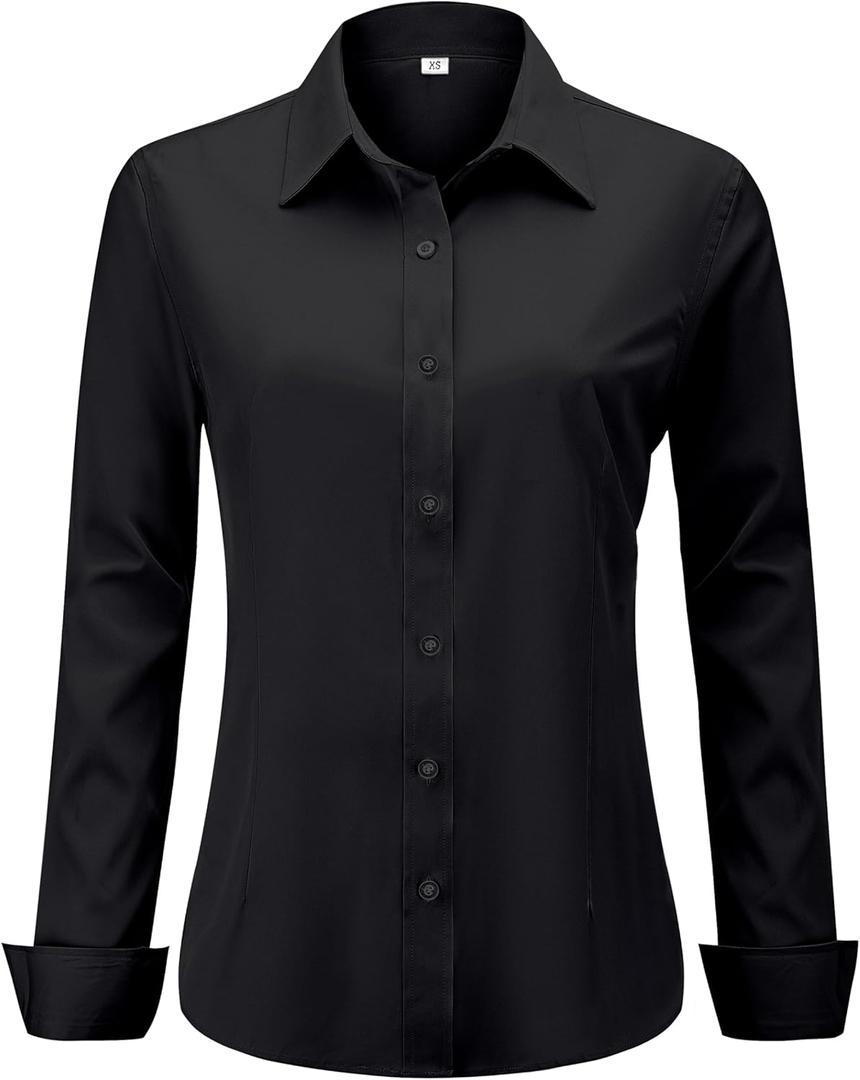 Soft Wrinkle-Free Women's Button Down Dress Shirts Solid Long Sleeve Work Blouses Fit Stretch Casual Tops (Large, Black)