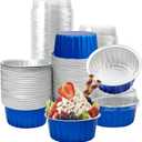 100Pcs Aluminum Cups with Lids,5oz Disposable Ramekin Baking Cups Muffin Liners Mini Pie Pans Foil Cupcake Containers for Christmas Party Wedding Party,Dark Blue