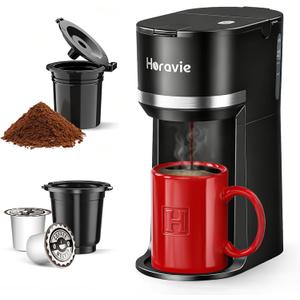Horavie Small Single Serve Coffee Maker for K Cup and Grounds, Fast Brew One Cup Coffee Machine with One Button, 6 to 12 oz. Brew Sizes, Perfect for Home and Travel, Black (9.45 Inches)