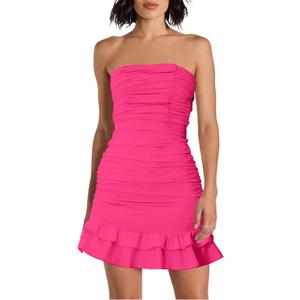 Women's Strapless Ruched Tube Mini Dress Tiered Layer Ruffle Bow Back Dresses Clubwear Party (Hot Pink)