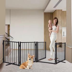 Metal Freestanding Dog Gate Puppy Gate 23.6 Inches Height Step Over Pet Fence, Free Standing Indoor Outdoor Expands Up to 80 Inches Black Doggie Gates for Doorways Stairs