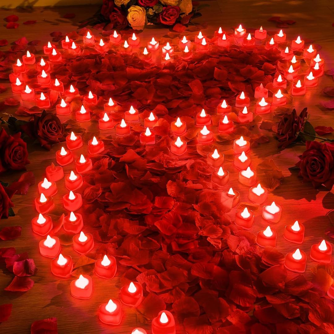 Coume 6000 Pcs Artificial Rose Petals with 120 Pcs Heart LED Tea Lights Candles Kit Rose Petals Candles Set for Romantic Night Anniversary Proposal Wedding Date Hotel(Red Light)
