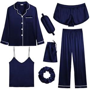 SWOMOG Women Satin Pajamas 7pcs Pajama Set Sexy Cami Shorts Set and Button Down Long Sleeve Pjs Loungewear Sleepwear (XX-Large, Pink)