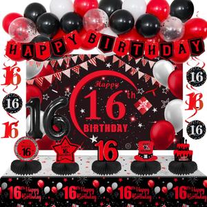 16th Birthday Decorations for Boys Girls Red Black, Sweet 16 Party Decorations with Happy 16th Birthday Banner Backdrop 16 Balloon Numbers Honeycomb Centerpieces Tablecloth 16 Years Old Party Supplies