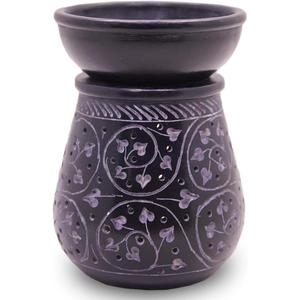 Handmade Black Soapstone Aroma Oil Burner  Round Floral Carving Candle Holder, Wax Melt Warmer & Tealight Diffuser for Gifting, Meditation & Home Decor