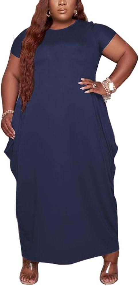 YeGine Oversize Tshirt Dress Plus Size Short Sleeve Maxi Dress with Pockets (4X-Large Plus, 1-3281 Dark Blue)