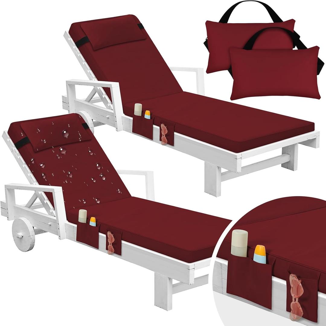 Tondiamo 2 Set Outdoor Chaise Lounge Cushions with Pillows and Storage, 72 x 21 x 3 Inch Outdoor Lounge Chair Seat Pads Outside Waterproof Chaise Cushion for Lawn Patio Furniture(Wine Red)