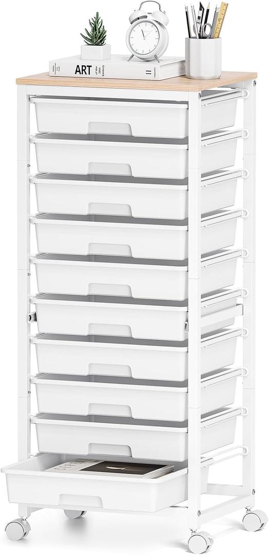 Rolling Cart with Drawers,10 Drawer Rolling Cart,Storage Cart with Wheels,Utility Cart with Drawers,Teacher Cart for Classroom Storage,Craft Cart with Wheels and Wooden Tabletop,White