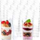 100 Pack Mini Dessert Cups with Spoons Small Plastic 3 oz Slanted Round Shooter Disposable Clear Plastic Parfait Appetizer Cup for Tasting Sample Appetizers