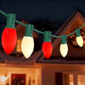 C9 Christmas Lights Outdoor 25Ft Red/White Christmas with 27 Ceramic Red/White Bulbs(1 Spare), Vintage Colorful String Lights for Garden Wedding Party Xmas Decorations, Color: C9 Red White(Incandescent)