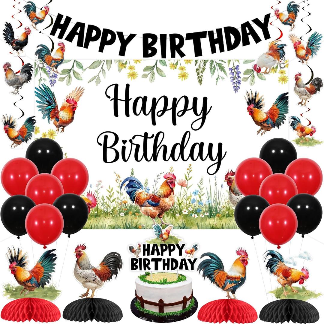Rooster Birthday Party Decorations for Boys Girls - Rooster Happy Birthday Backdrop Banner, Cake Topper, Chicken Hanging Swirls, Honeycomb Centerpieces for Farm Animal Chick Barnyard Party