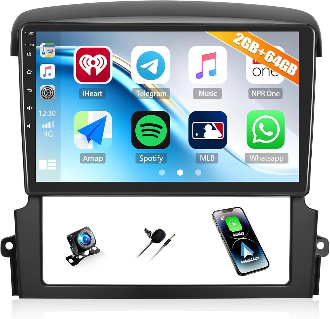 CAMECHO 2G+64G Android Car Stereo for Kia Sorento 2004-2008 with Wireless CarPlay Android Auto 9" Touch Screen Car Radio Bluetooth GPS Navigation WiFi FM RDS Radio HD Backup Camera Mic