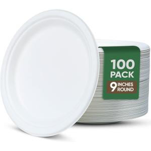 9 Inch Paper Plates 100 Pack - 100% Compostable Dinnerware | Leak & Grease Resistant Disposable Plates for Parties, Microwavable, Bulk Eco-Friendly - White