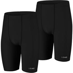 LEAO Youth Boys Swim Jammers Solid Swimsuit UPF 50+ Sun Pretection Quick Dry Athletic Swimming Shorts (Small, Black/Black( 2-pack))