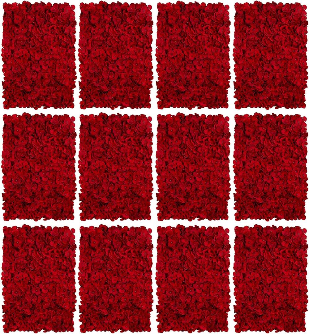 BLOSMON Flower Wall Panel Backdrop - 12 Pcs 24 x 16 Inch Red Artificial Hydrangea Floral Panels for Wedding Party Baby Bridal Shower Decor - 3D Fake Silk Flower Backdrop Decoration