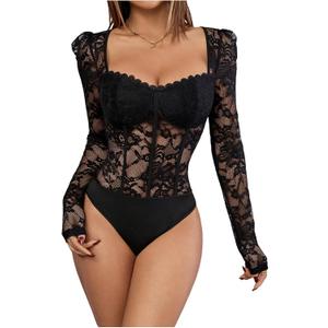 OYOANGLE Women's Lace Sheer Long Sleeve Corset Bodysuit Sweetheart Neck Party Club Leotard (Large, Black)