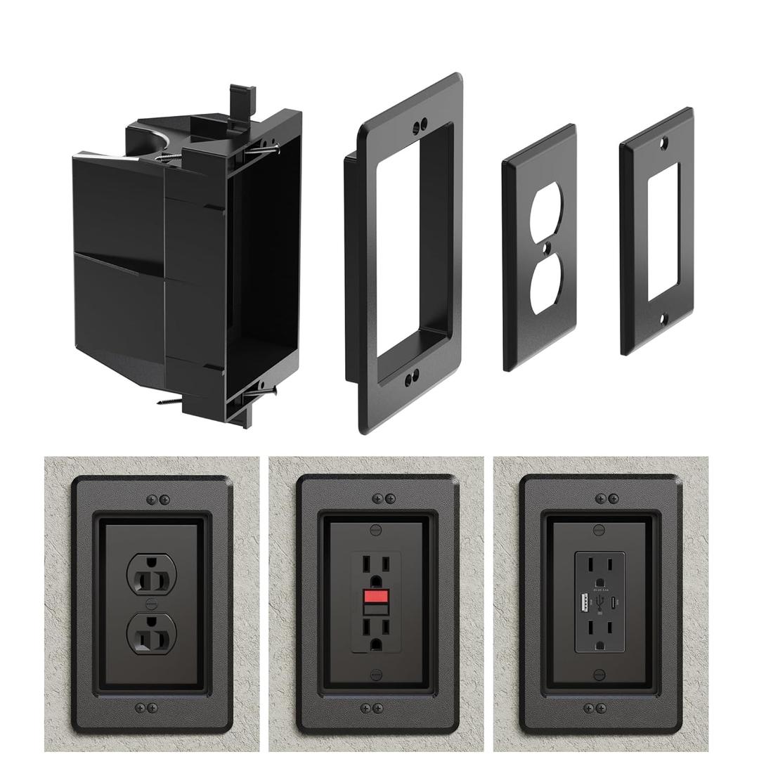 Recessed Outlet/Electrical Box Single Gang, for Wall Mount TV, Antenna, Phone and Cable TV, Suitable for GFCI Outlet and Standard Outlet, for Old or New Construction (Black)
