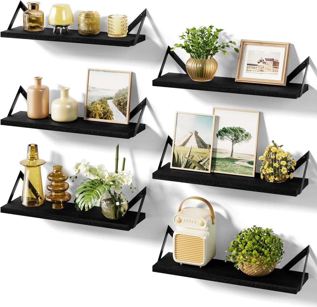 SRIWATANA Floating Shelves for Wall Decor, Wood Wall Shelves for Bathroom, Bedroom, Kitchen, Living Room, Set of 6 (Weathered Black)